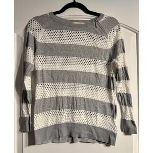 Michael Kors Striped Knit Sweater Women Size M Grey White Shoulder Zip
